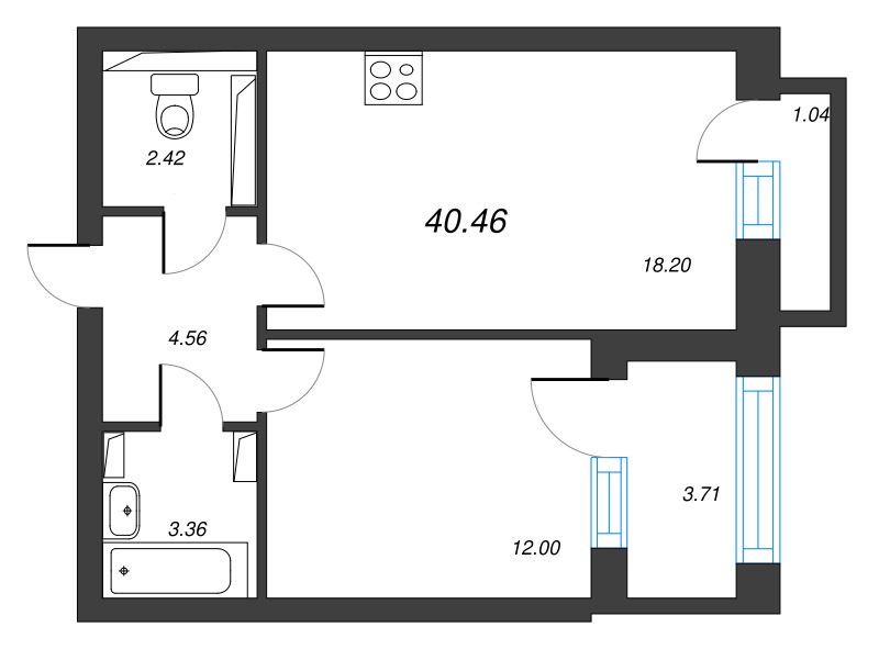 2-комнатная (Евро) квартира, 42.63 м² в ЖК "Кронфорт. Центральный" - планировка, фото №1