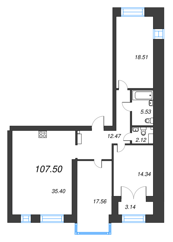 4-комнатная (Евро) квартира, 107.5 м² в ЖК "Наука" - планировка, фото №1