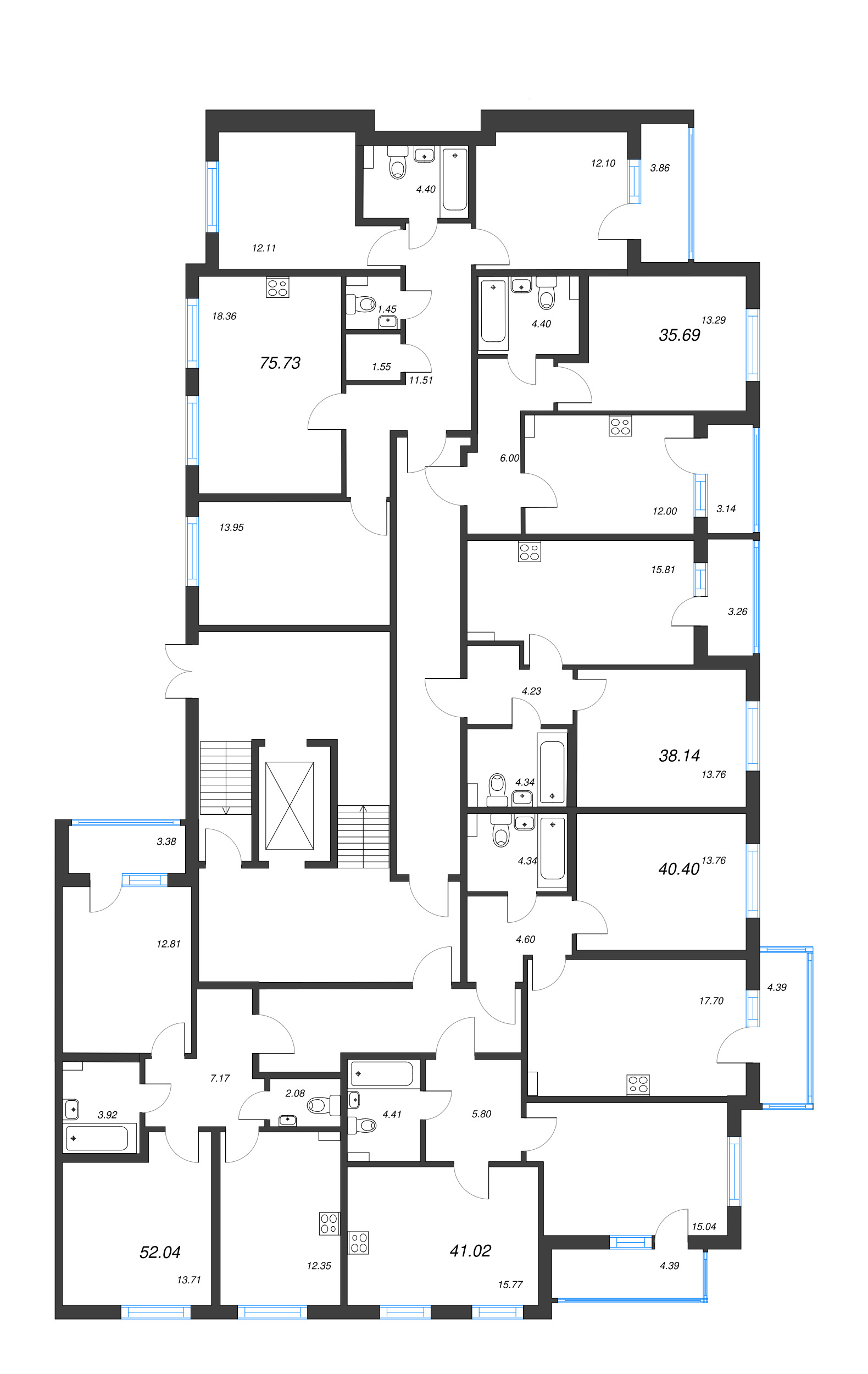 2-комнатная (Евро) квартира, 38.14 м² - планировка этажа