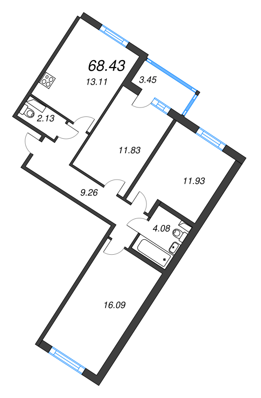 3-комнатная квартира, 68.43 м² в ЖК "Любоград" - планировка, фото №1