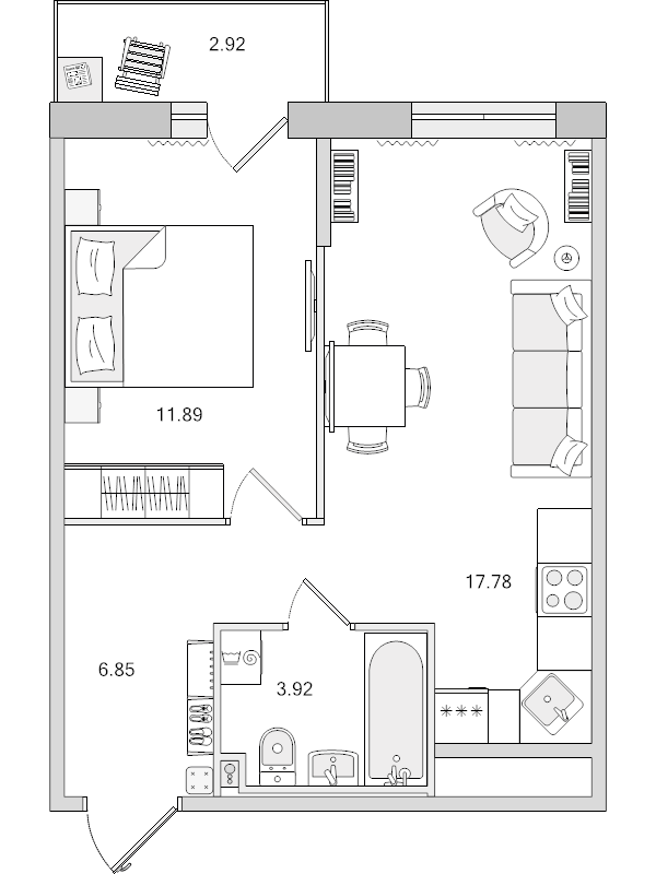 2-комнатная (Евро) квартира, 43.36 м² в ЖК "Город Первых" - планировка, фото №1