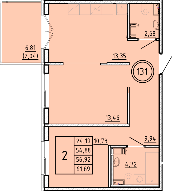 2-комнатная квартира, 54.88 м² - планировка, фото №1