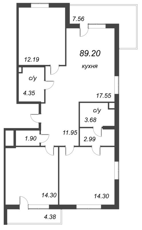 4-комнатная (Евро) квартира, 89.2 м² - планировка, фото №1