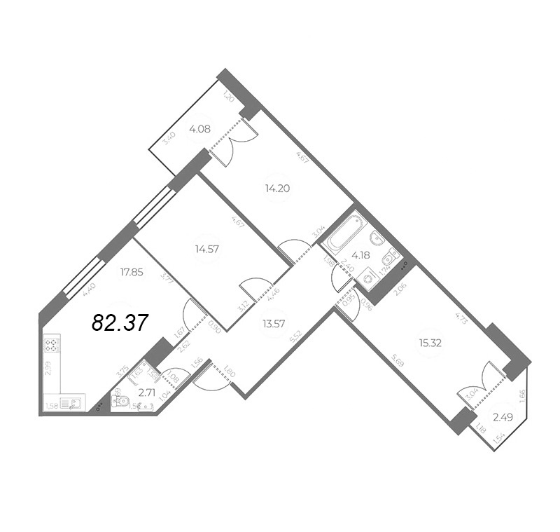 4-комнатная (Евро) квартира, 85.66 м² в ЖК "Огни Залива" - планировка, фото №1