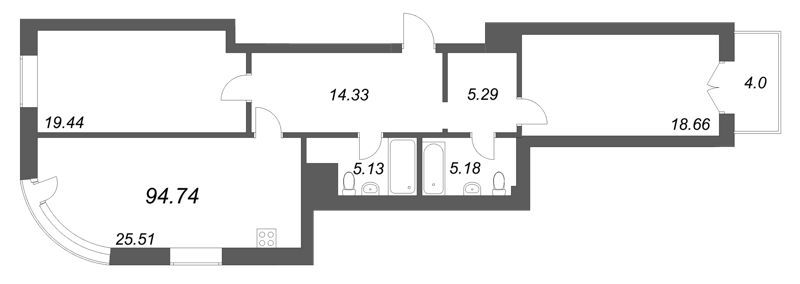 3-комнатная (Евро) квартира, 94.74 м² в ЖК "Фонтанка 130" - планировка, фото №1
