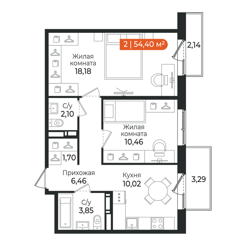 2-комнатная квартира, 54.4 м² в ЖК "Алгоритм Квинта" - планировка, фото №1