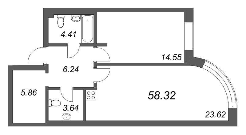 2-комнатная (Евро) квартира, 58.32 м² в ЖК "Фонтанка 130" - планировка, фото №1