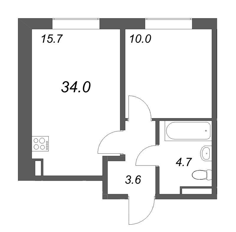 2-комнатная (Евро) квартира, 34 м² в ЖК "Пулково Lake" - планировка, фото №1