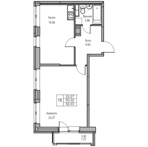 2-комнатная (Евро) квартира, 52.03 м² в ЖК "Юнтолово" - планировка, фото №1