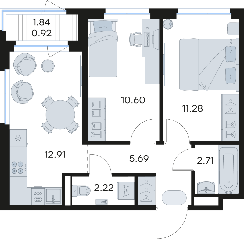 2-комнатная квартира, 46.33 м² в ЖК "GloraX Новоселье" - планировка, фото №1
