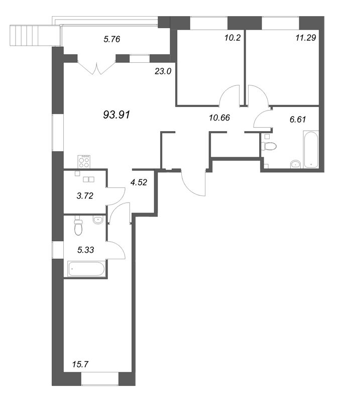 4-комнатная (Евро) квартира, 93.91 м² в ЖК "Ranta Residence" - планировка, фото №1