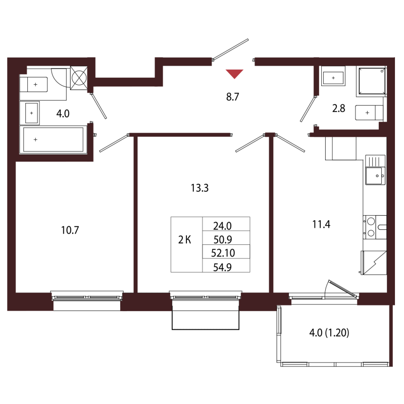 2-комнатная квартира, 52.1 м² в ЖК "Лисино" - планировка, фото №1