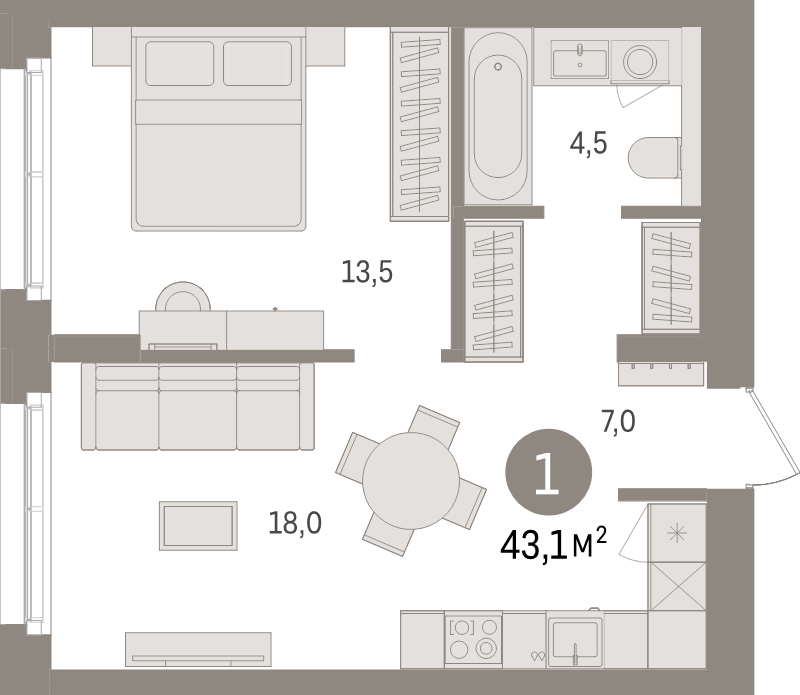 2-комнатная (Евро) квартира, 43.1 м² в ЖК "Брусника в Новоселье" - планировка, фото №1