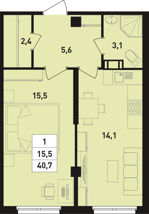 1-комнатная квартира, 40.7 м² - планировка, фото №1