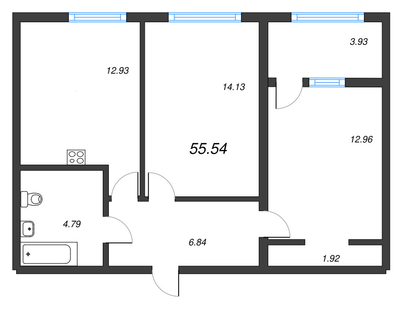 2-комнатная квартира, 55.54 м² в ЖК "Расцветай в Янино" - планировка, фото №1