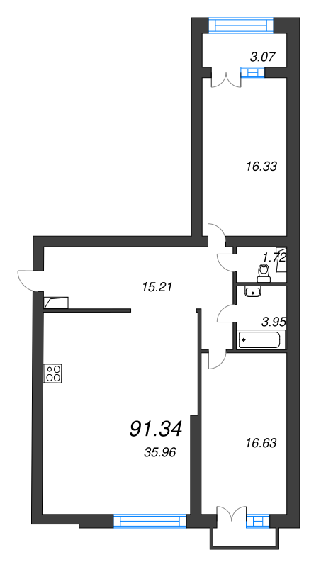 3-комнатная (Евро) квартира, 96.5 м² - планировка, фото №1