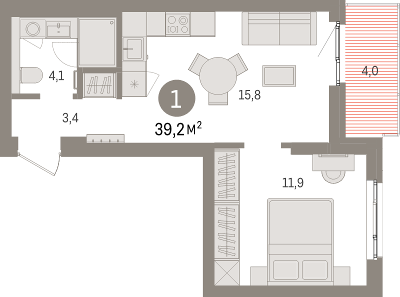 2-комнатная (Евро) квартира, 39.2 м² в ЖК "Брусника в Новоселье" - планировка, фото №1