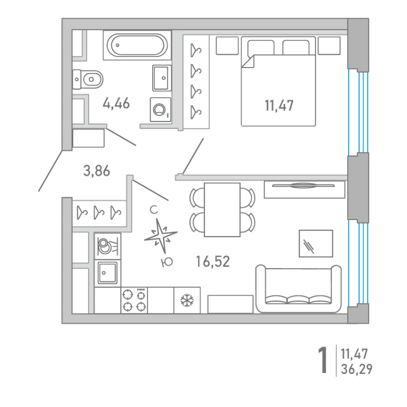 2-комнатная (Евро) квартира, 36.29 м² в ЖК "Министр" - планировка, фото №1