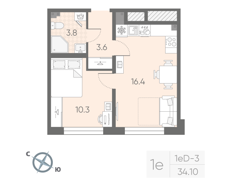 1-комнатная квартира, 34.1 м² в ЖК "Пулково Lake" - планировка, фото №1