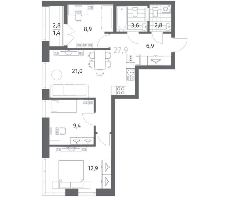 4-комнатная (Евро) квартира, 66.97 м² - планировка, фото №1