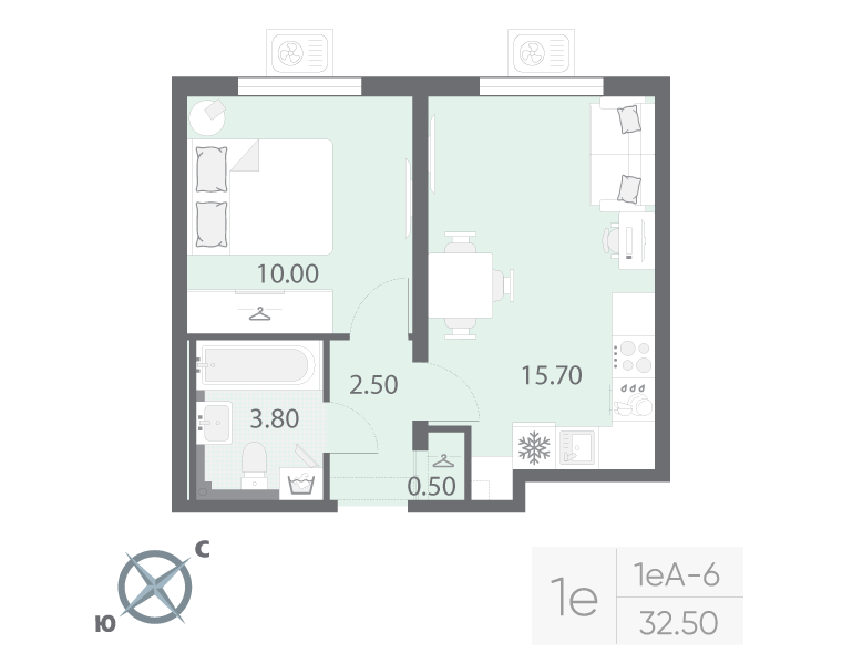 2-комнатная (Евро) квартира, 32.5 м² в ЖК "Зеркальный ручей" - планировка, фото №1
