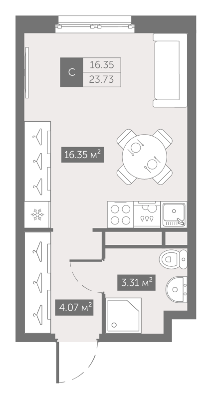 Квартира-студия, 23.73 м² в ЖК "Zoom на Неве" - планировка, фото №1