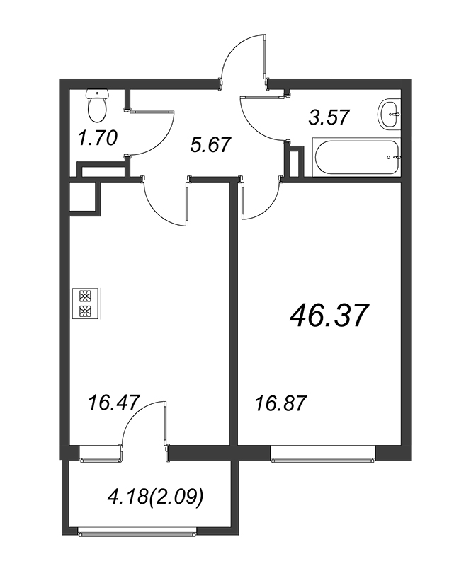 2-комнатная (Евро) квартира, 46.4 м² - планировка, фото №1