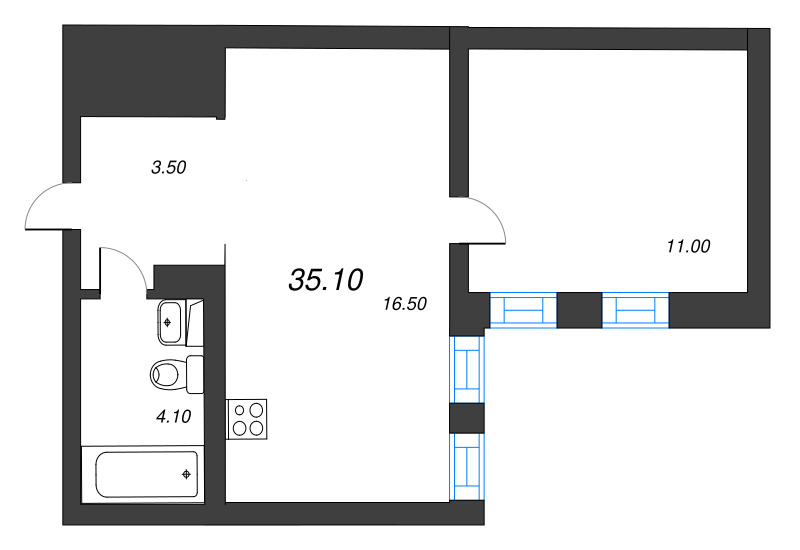 2-комнатная (Евро) квартира, 35.1 м² в ЖК "Эко Квартал Нега" - планировка, фото №1