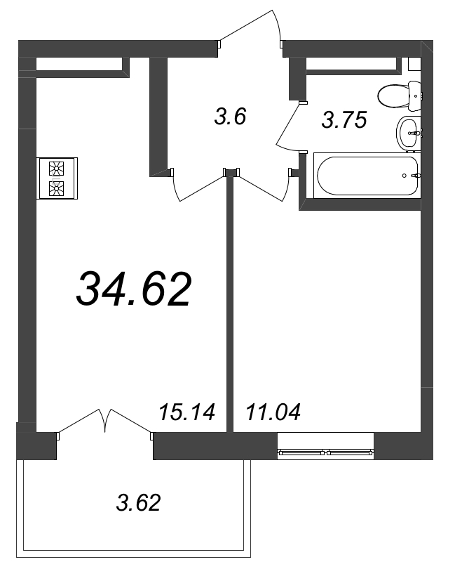 2-комнатная (Евро) квартира, 34.62 м² - планировка, фото №1