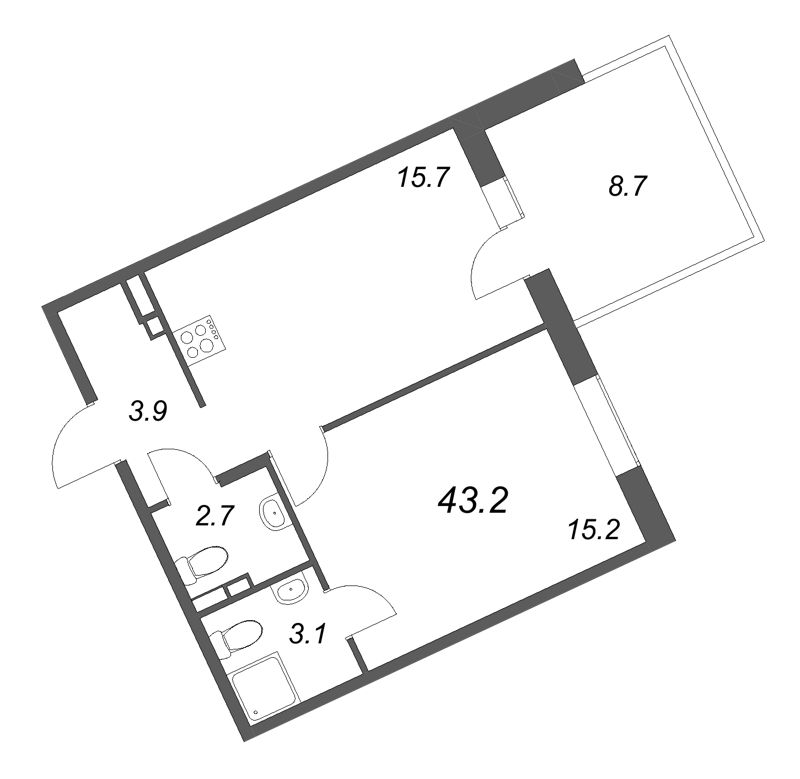 2-комнатная (Евро) квартира, 43.2 м² в ЖК "Экография" - планировка, фото №1