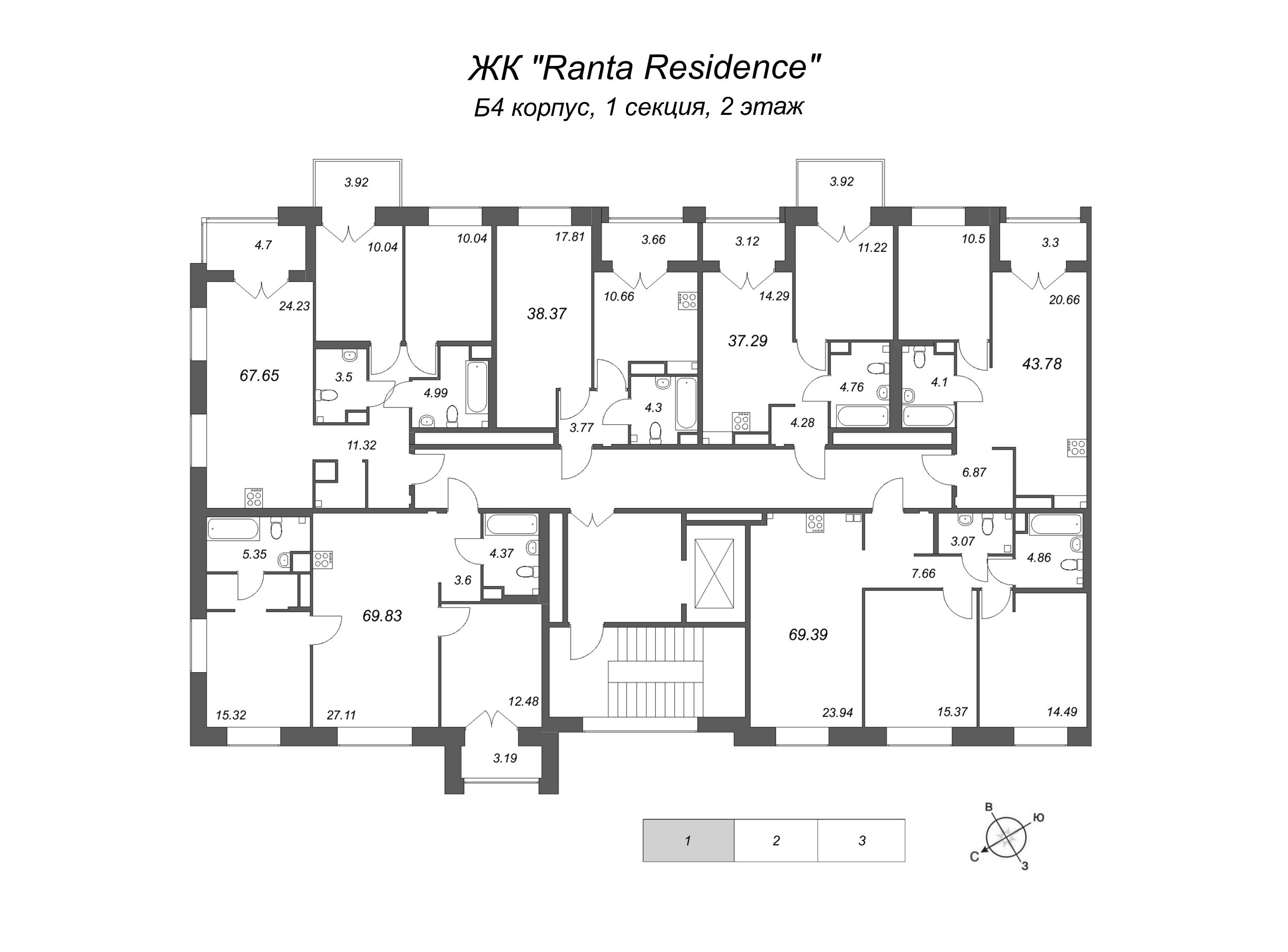 1-комнатная квартира, 37.29 м² в ЖК "Ranta Residence" - планировка этажа