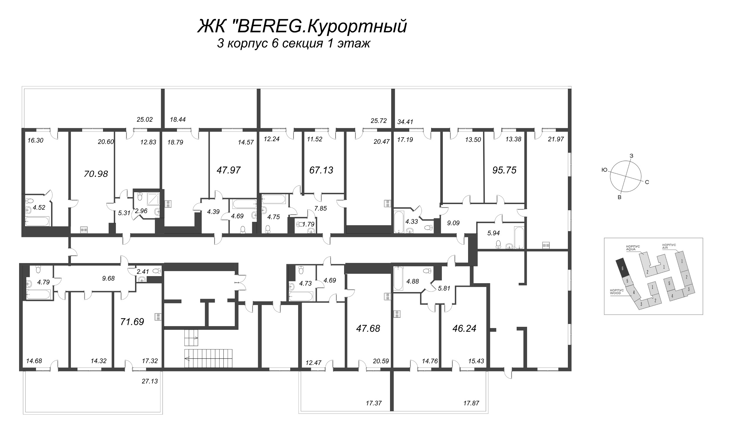 1-комнатная квартира, 46.24 м² в ЖК "Bereg. Курортный" - планировка этажа