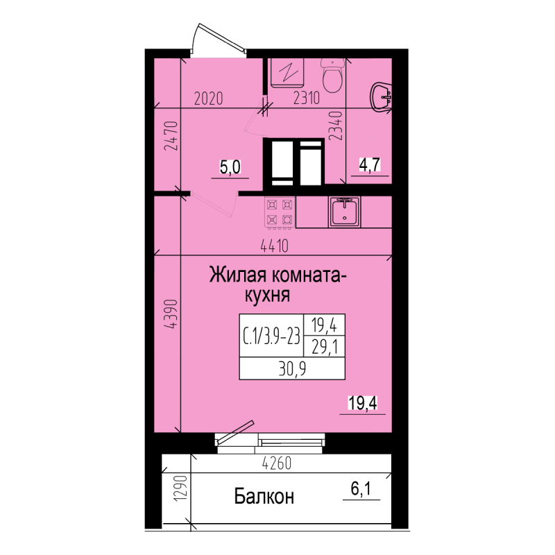 Квартира-студия, 30.9 м² - планировка, фото №1