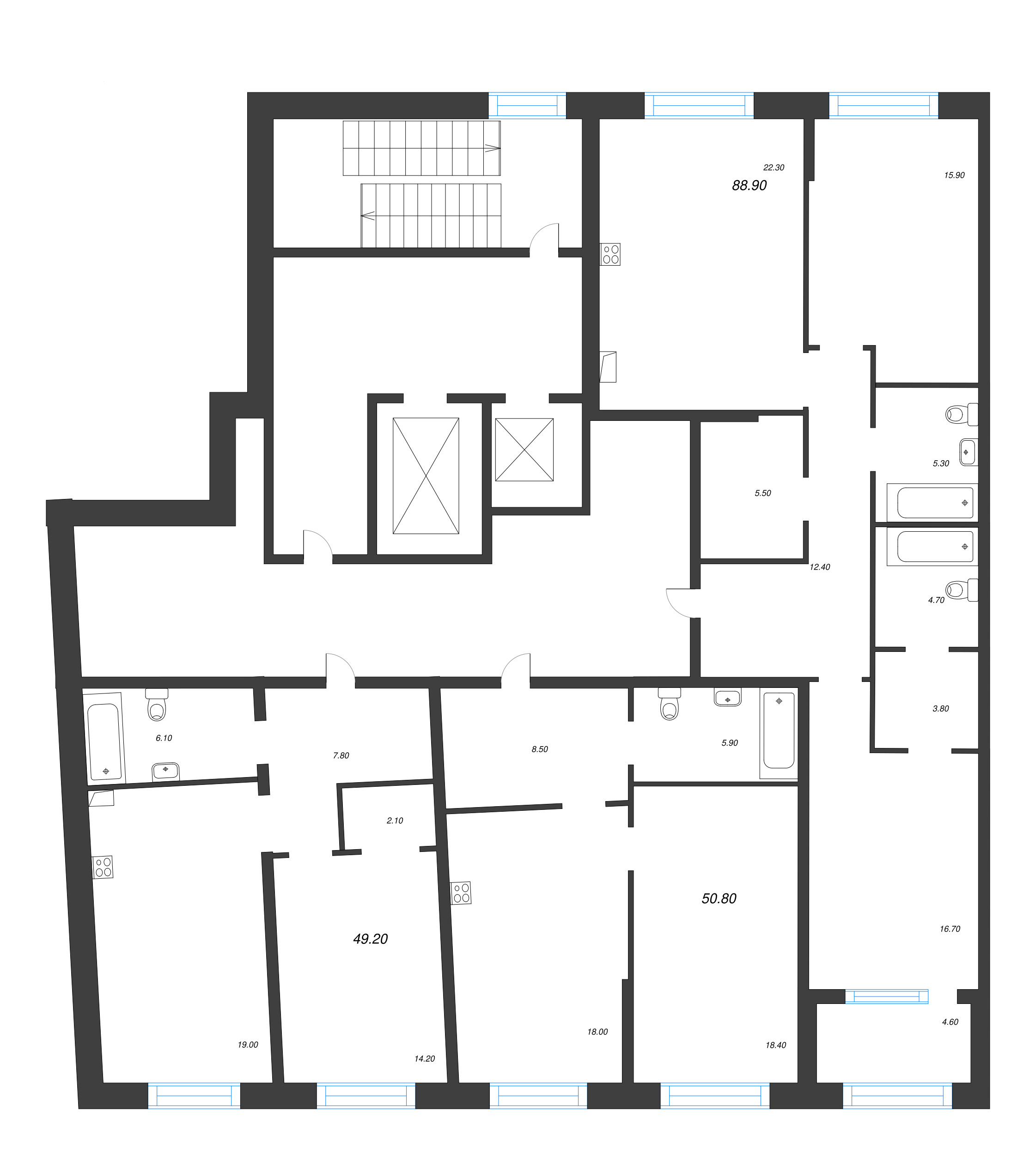 3-комнатная (Евро) квартира, 88.9 м² в ЖК "ЛДМ" - планировка этажа