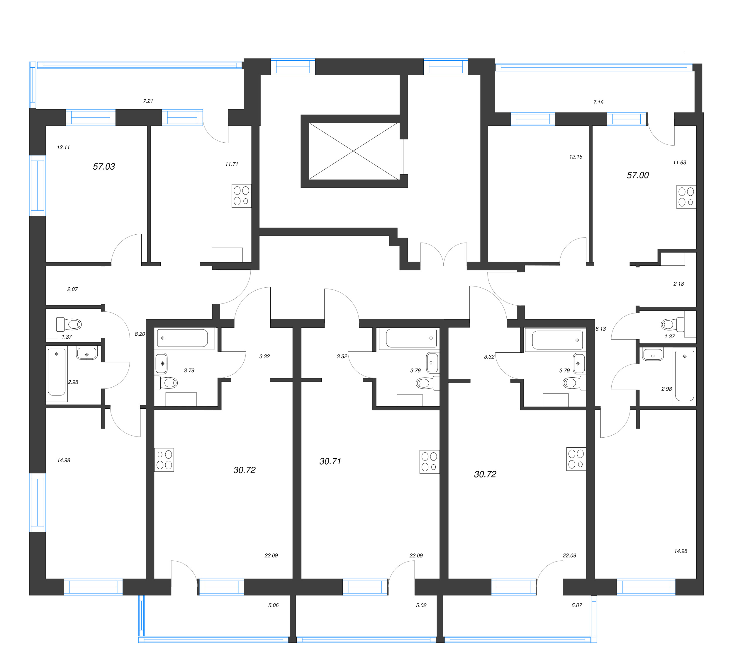 2-комнатная квартира, 57.03 м² - планировка этажа