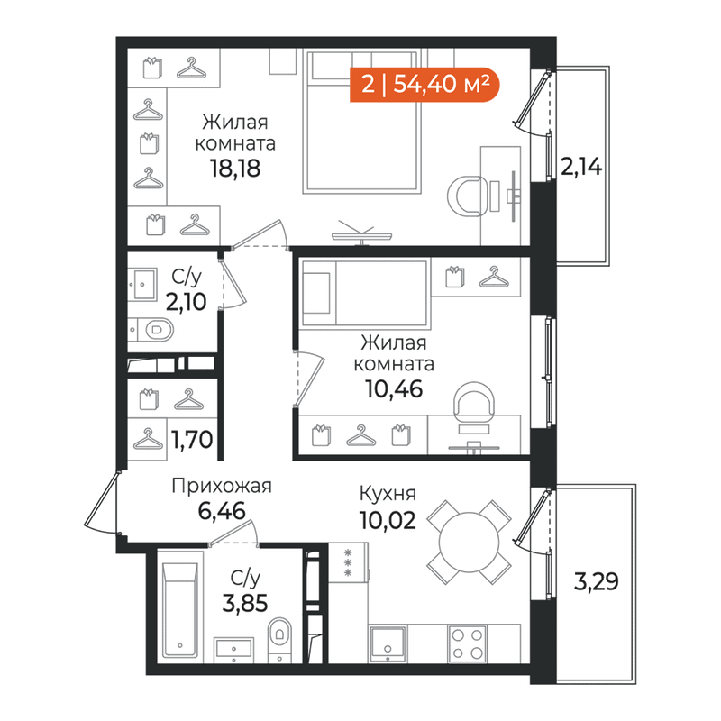 2-комнатная квартира, 54.4 м² в ЖК "Алгоритм Квинта" - планировка, фото №1