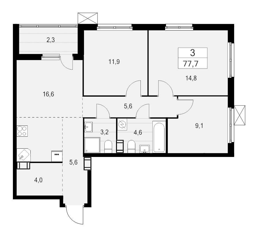 4-комнатная (Евро) квартира, 77.7 м² в ЖК "А101 Лаголово" - планировка, фото №1