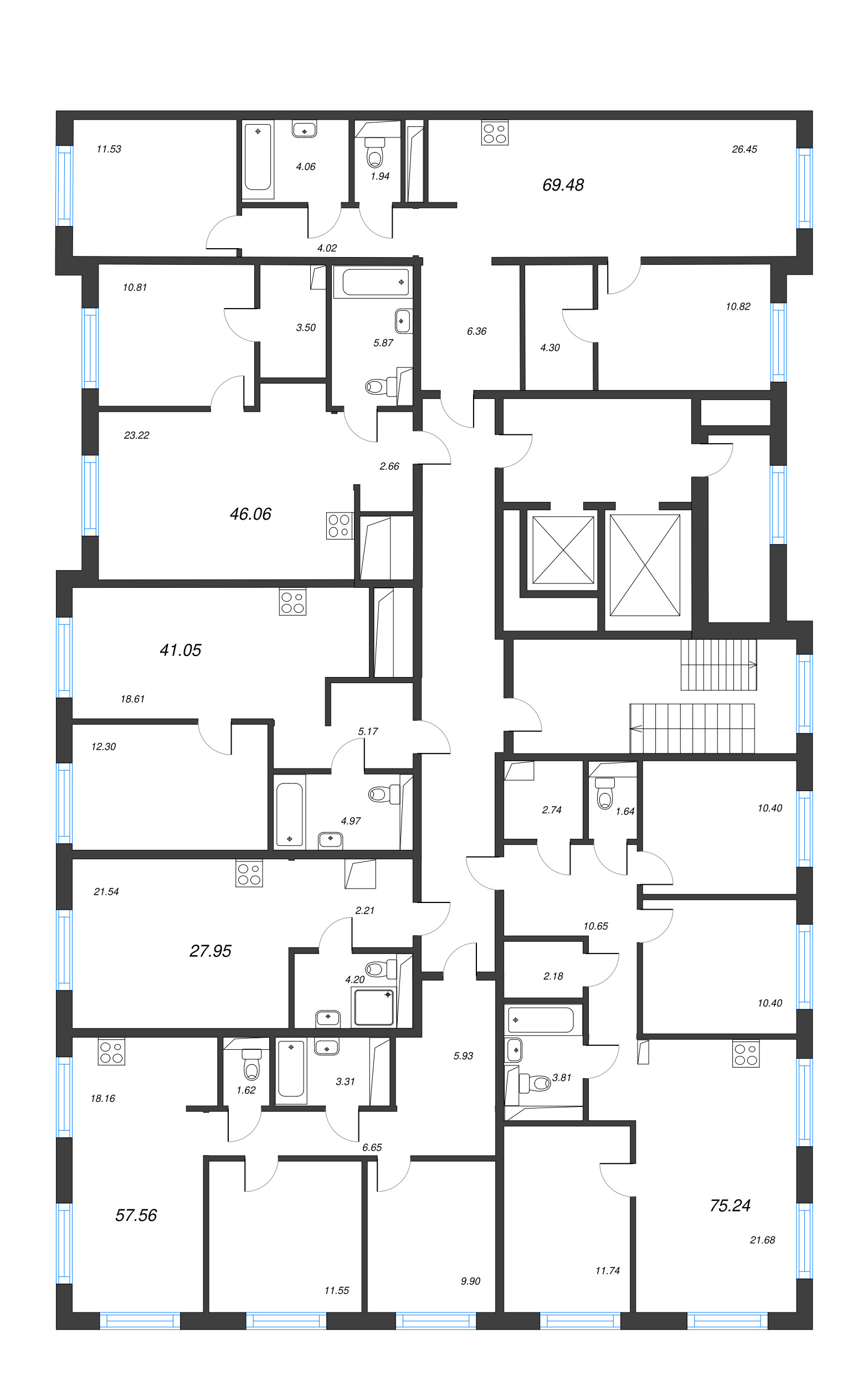 3-комнатная (Евро) квартира, 57.56 м² в ЖК "Legenda Васильевского" - планировка этажа