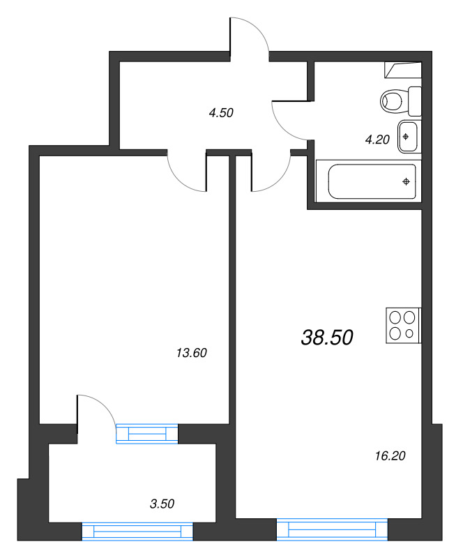 2-комнатная (Евро) квартира, 38.5 м² в ЖК "Дубровский" - планировка, фото №1