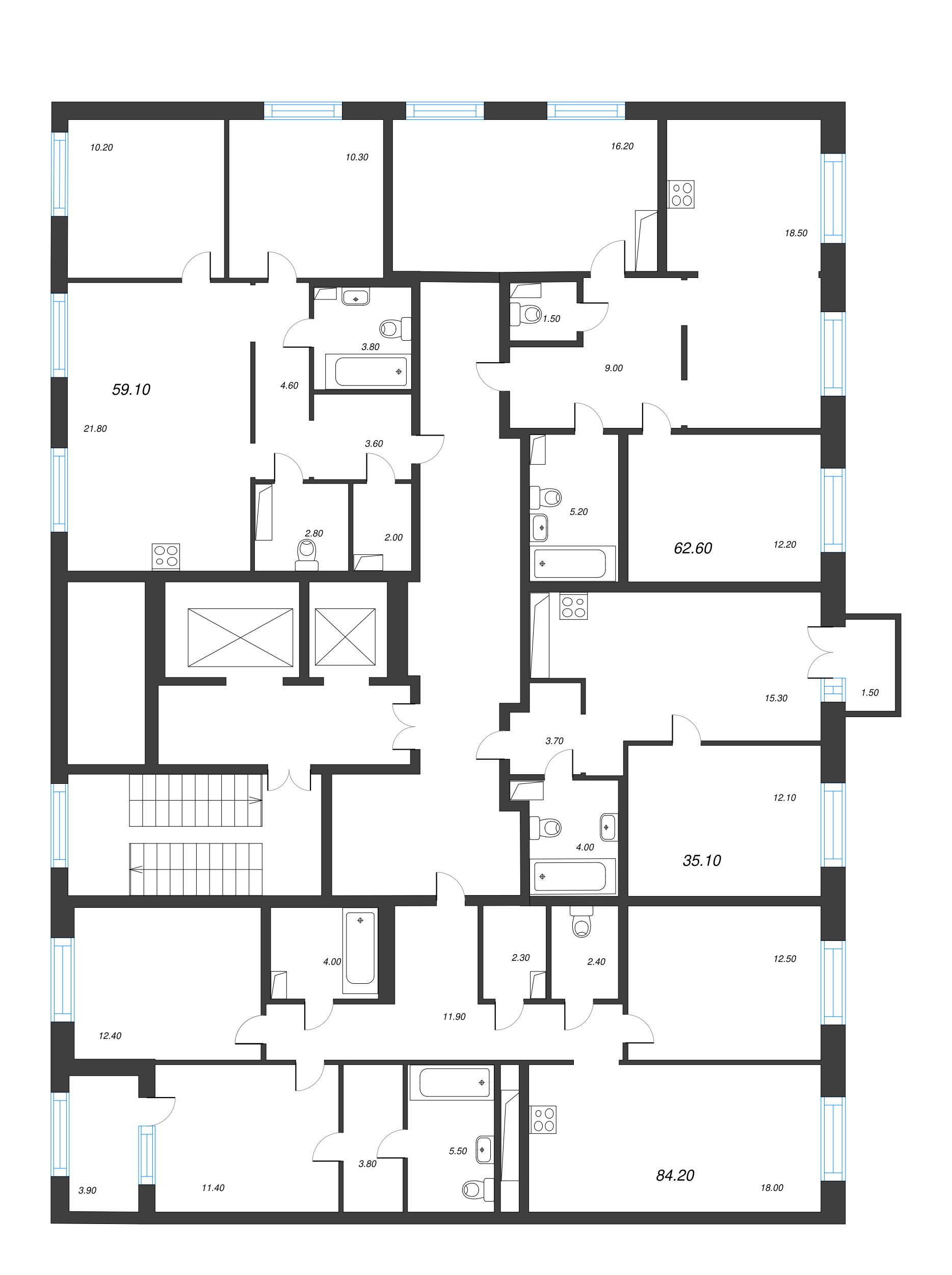 4-комнатная (Евро) квартира, 84.2 м² в ЖК "Струны" - планировка этажа