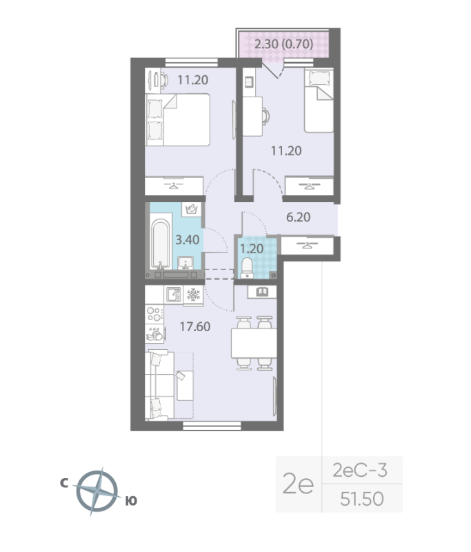 3-комнатная (Евро) квартира, 51.5 м² - планировка, фото №1