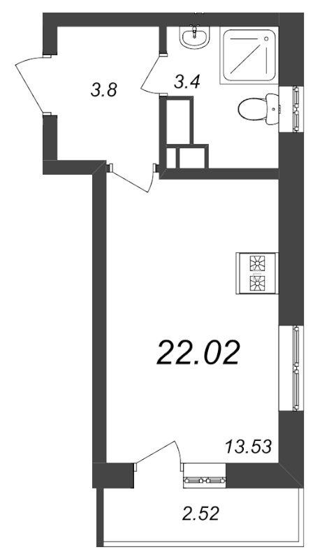 Квартира-студия, 22.02 м² - планировка, фото №1