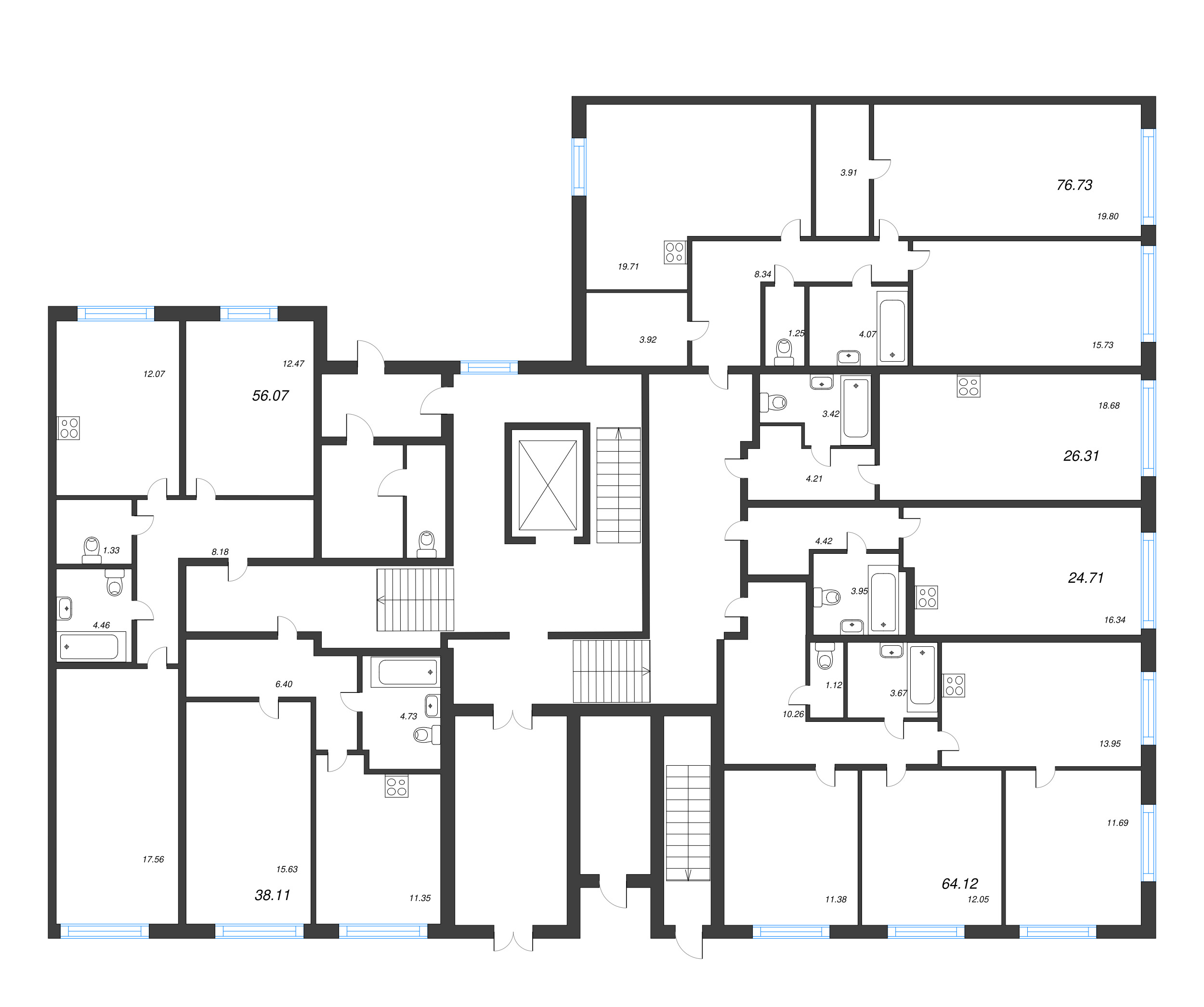 3-комнатная (Евро) квартира, 76.73 м² - планировка этажа