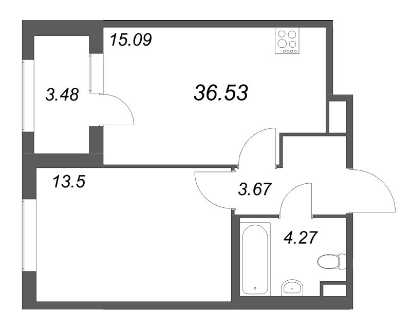 2-комнатная (Евро) квартира, 36.53 м² в ЖК "Дубровский" - планировка, фото №1