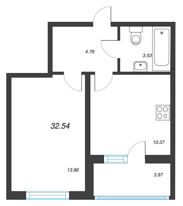 1-комнатная квартира, 32.54 м² в ЖК "Любоград" - планировка, фото №1
