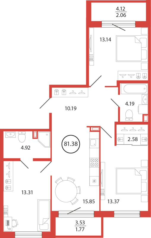 4-комнатная (Евро) квартира, 81.38 м² в ЖК "Энфилд" - планировка, фото №1