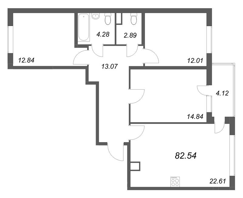 4-комнатная (Евро) квартира, 82.54 м² в ЖК "Ясно.Янино" - планировка, фото №1