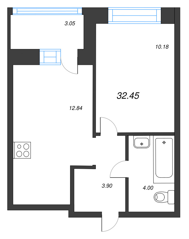 1-комнатная квартира, 32.45 м² в ЖК "Уютный" - планировка, фото №1