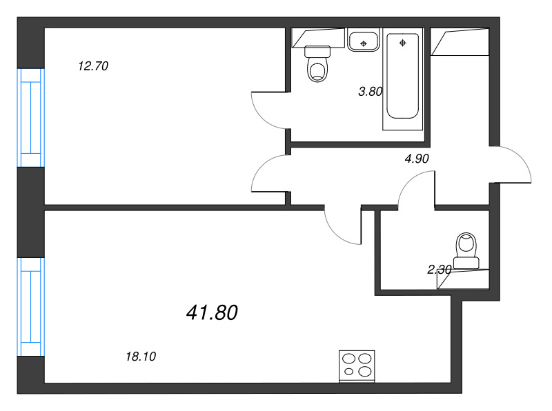 2-комнатная (Евро) квартира, 41.8 м² в ЖК "Большая Охта" - планировка, фото №1