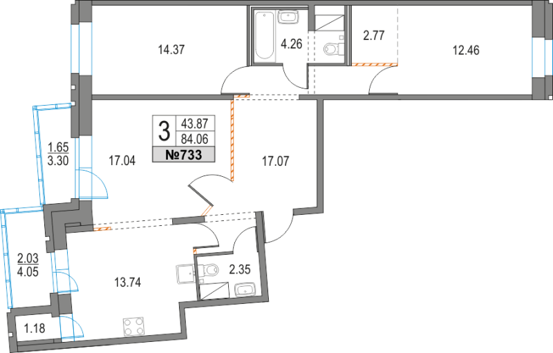 3-комнатная квартира, 84.06 м² - планировка, фото №1